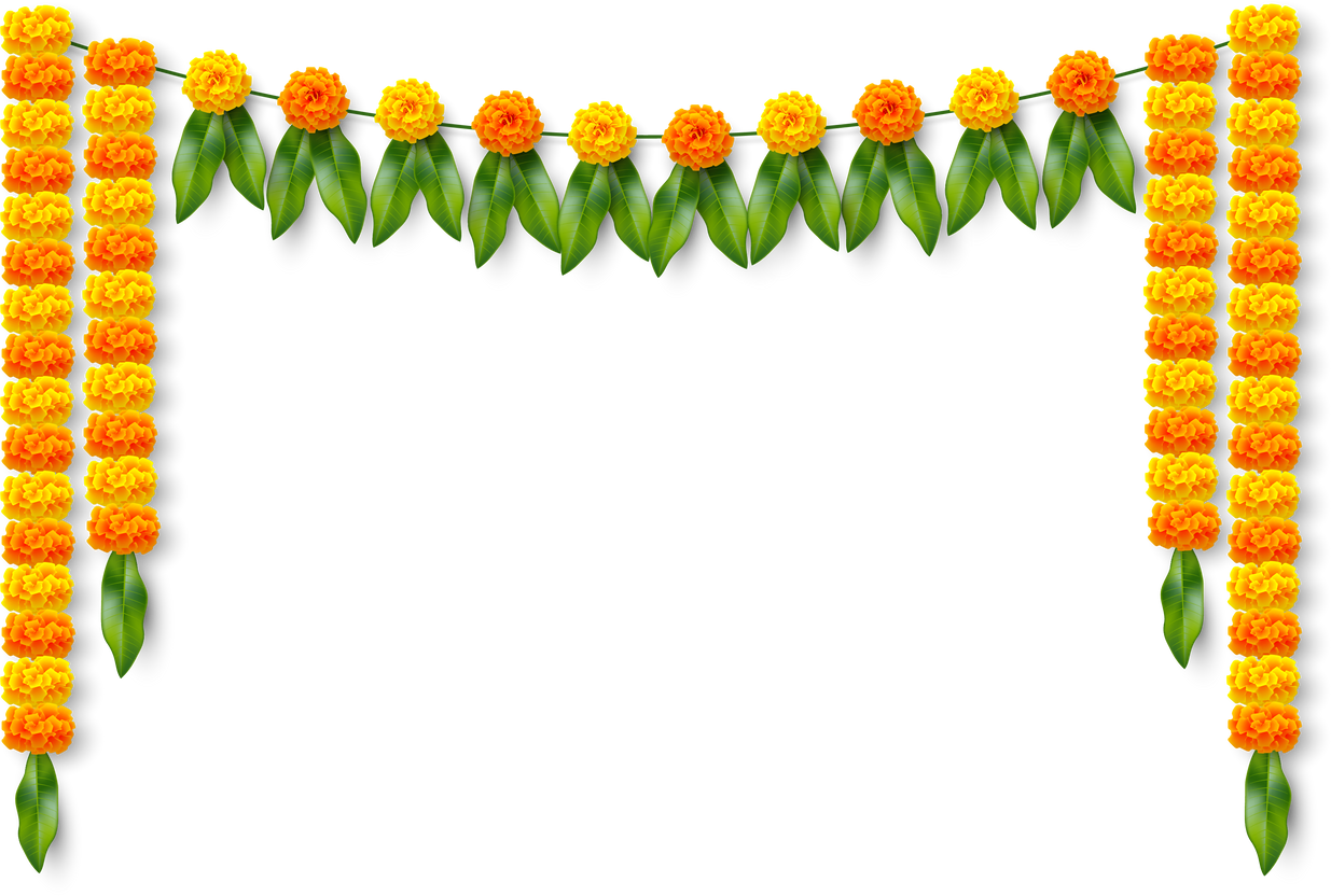 Traditional Indian Floral Garland with Marigold Flowers and Mango Leaves. Decoration for Indian Hindu Holidays or Wedding.